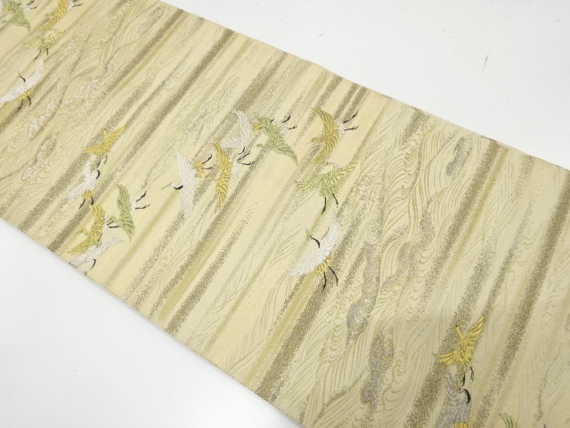 JAPANESE KIMONO / ANTIQUE MARU OBI / SILK / WOVEN CRANES & RAGING WAVES